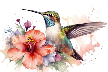 Wall Mural - Hummingbird Watercolor Flowers Illustration Sweet
