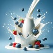 Milk splash | strawberry Splash, an explosion in a clear, Glass Bottle, Milk, splash, Milkshake Splash. milk with a splash of  Blue Background, Various Berries, Blackberry, Blueberry, Strawberry,