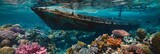Fototapeta Do akwarium - Shipwreck and coral reef its wooden structure home to myriad of sea life - Water and colorful coral contrast with the decaying ship, symbolizing nature reclaiming created with Generative AI Technology