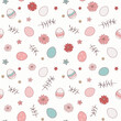 Vector illustration. Happy Easter. Seamless pattern with Easter eggs, spring flowers in pastel colors on a light background. Wrapping paper, printing on fabric, wallpaper