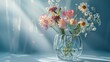 Flower bouquet in vase on blue background with rays of light