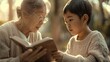 Elderly Japanese grandmother reading a book to her grandson. Teaching traditions from generation to generation, raising and teaching children by grandmothers. The relationship love and care