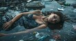 Young woman lying in the water of polluted ocean. Pollution concept.