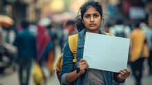 Indian Woman Standing Alone On The Crowded Street, Serious Face, Holding Blank Protest Sign