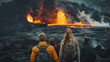 Group of young people observing a volcanic eruption from a safe distance