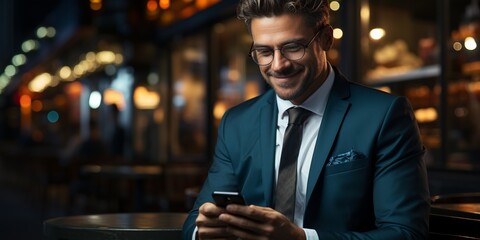 A professional businessman in a city, using his smartphone for work, embodying success and modernity.