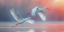 Male And Female Storks Delivering Bundles Against A Dreamy Pastel Sky, Symbolizing New Beginnings And Partnership.