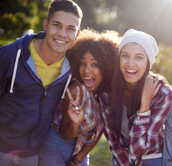 Aufkleber - Portrait, smile and diversity student friends in nature, outdoors or garden with happy expression. Hug, joy and peace sign hand gesture from female person, university and excited learner in school