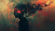 Silhouette of teenager on red green blurred background with smoking head due to betrayal and resentment