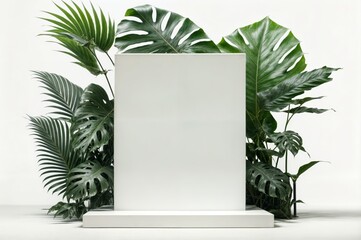 Poster - Mock up podium with tropical leaves on white background.