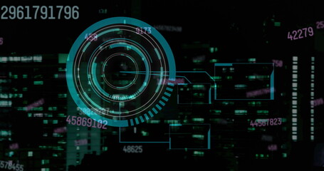 Poster - Image of rotating safe lock over data processing on black background