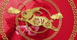 Image of chinese pattern and rabbit year decoration on red background