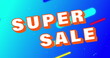 Image of super sale text banner over abstract shapes against blue gradient background