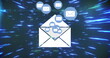 Image of digital interface with email message envelope icons over spinning blue light trails
