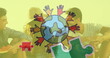 Image of colourful puzzle pieces and globe with hands over happy friends at summer beach party