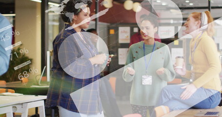 Poster - Image of infographic interface over multiracial female colleagues talking and having coffee