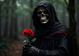 Grim Reaper holding a red rose in a forest. Concept of life and death and cicle of life.