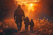 An emotive image capturing silhouetted soldiers holding hands with children against a dusk lit backdrop, face excluded