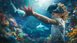 A young child puts on a virtual reality helmet and explores the underwater world reaching out to big fish VR