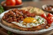 Close-up of a filling breakfast plate with crispy bacon, eggs, and grilled tomato on a rustic wooden table
