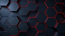 Hexagonal Abstract Dark Metal Background With Red Lines. Futuristic Dark Sci-fi Hi-tech Wallpaper With Red Lines.