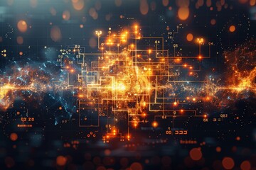 Poster - An abstract digital visualization of a network with fiery lines and nodes, reflecting innovation and connectivity