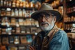 Confident aged man in a blue denim jacket with a hat, arms crossed in an atmospheric store full of products