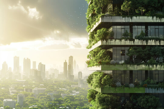 3D rendering of a green building with plants on top and a modern city skyline in the background. A futuristic sustainable architecture concept, skyscrapers in a forest. An eco friendly urban landscape