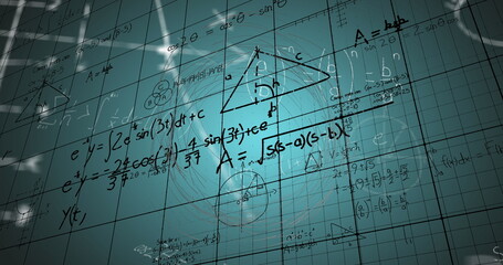 Poster - Image of digital screen with scientific data, graphs and math formulas on green background