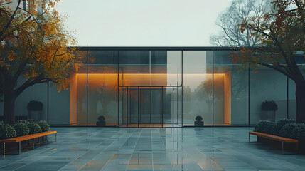 Wall Mural - A minimalist shot of a modern building with reflections in the glass windows.