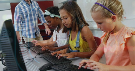 Poster - Image of data processing over caucasian male teacher with diverse schoolchildren using computers