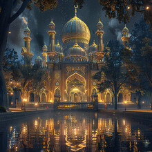A Beautiful Mosque With A Reflection Of The Night Sky