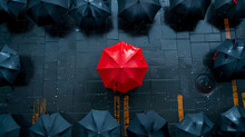 Top View Of Black Umbrellas Cover The Street And One Red Umbrella In The Middle For Differentiation Business