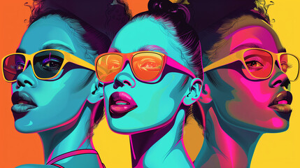 Wall Mural - Three stylized women with colorful sunglasses in pop art.