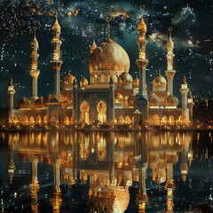 Stunning portrayal of a majestic mosque with stars and reflection in the water