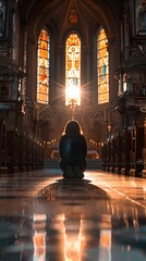 A person is sitting in a church with a dark room and a light shining on them