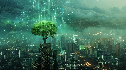 Poster - Eco-Friendly Smart City with Green Technology A conceptual image of a tree atop a skyscraper, merging urban living with green technology, in a vision of a sustainable smart city.

