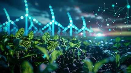 Poster - Agriculture Meets Renewable Energy Concept Art Young crops grow in the foreground with a backdrop of wind turbines connected by a network of lights, symbolizing the synergy of agriculture and renewab
