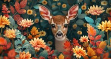 A Beautiful Deer Stands In The Colorful Flowers