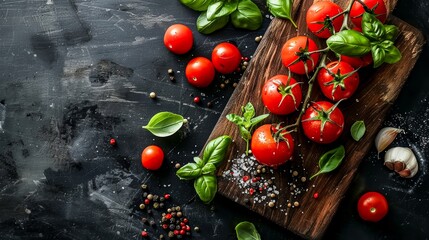 High-quality image showcasing vibrant red tomatoes, fresh basil leaves, and spices artistically arranged on a wooden board