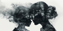 A Double Exposure Of The Silhouette And Face Of An Adult Woman Facing Her Child, The Mother Is Made From Smoke And Foggy Forest Trees