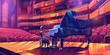 A playful illustration of a robot playing a grand piano in a concert hall