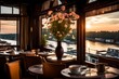 The restaurant's window overlooks the river, and in the evening it features a vase filled with flowers