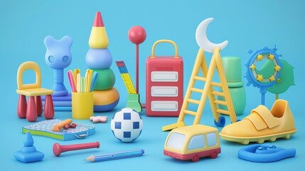 Poster - Illustrations of 3D back to school icons isolated on blue. Illustrations for online classes and education. Editable EPS 10 moderns.