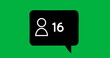 Digital image of increasing numbers and a follow icon inside a black chat box on a green background 