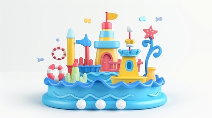 Poster - 3D render podium with sea concept for kids or babies.