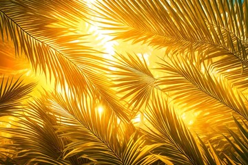 Poster - Vibrant sunny backdrop palm leaves with golden sun light. Neural network generated in January 2024. Not based on any actual scene or pattern.