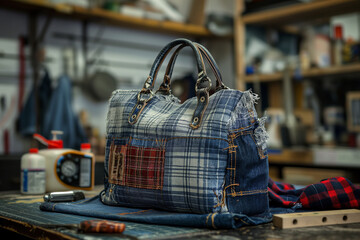 Wall Mural - Woman's handbag made from old jeans on tailor's table