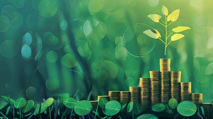 Poster - Economic Growth and Green Investment Concept Illustration of stacked coins with plant shoots sprouting upwards, symbolizing economic growth and sustainable investments.

