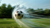 a soccer ball soaring through the air in a powerful kick, leaving a trail of light in its wake
